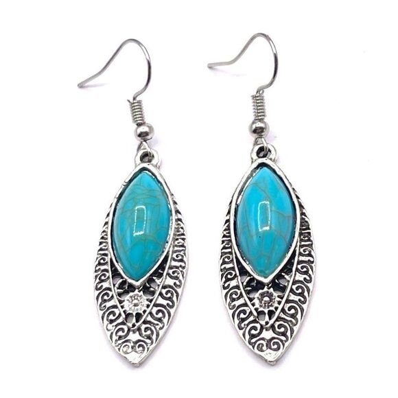 Silver with Blue Turquoise Boho Southwestern Oval Dangling Hook Earrings - Picture 1 of 6